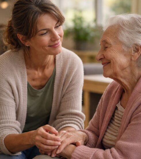 Young lady gently holding an elderly lady's hand. The young lady is listening attentively as the elderly lady reminisces