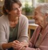 Young lady gently holding an elderly lady's hand. The young lady is listening attentively as the elderly lady reminisces