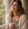 Young woman sitting by her window, with warm beverage mug in hands. She is looking thoughtful and contented.