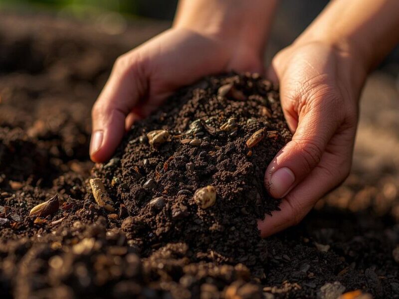 Hands sifting through lush healthy nutrient rich garden soil