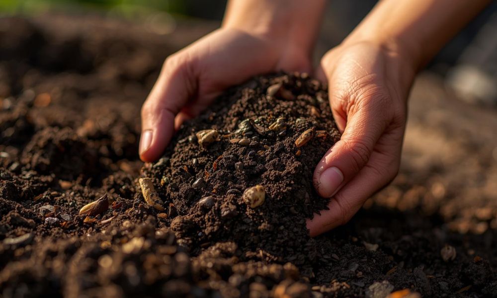 Hands sifting through lush healthy nutrient rich garden soil