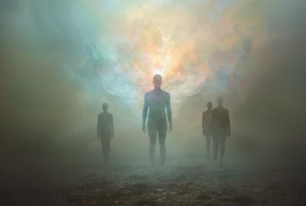 A surreal, dreamlike landscape representing a "wakeup call to mankind," with ethereal figures emerging from a foggy, opalescent void, symbolising the transition from a dream state to awareness
