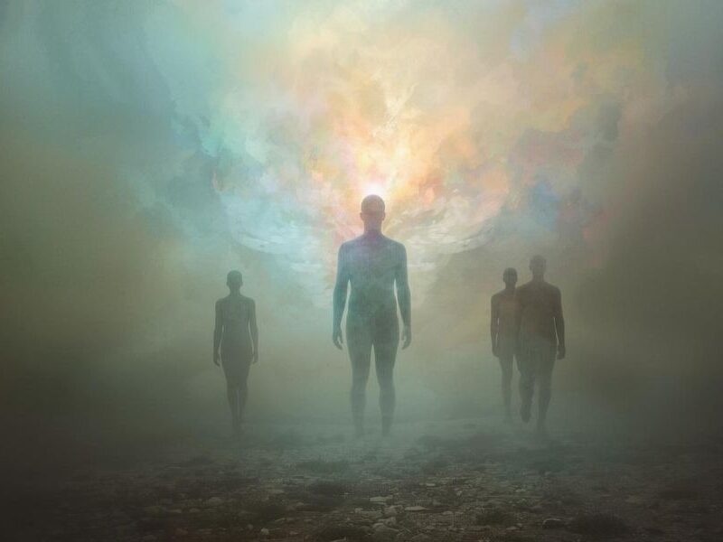 A surreal, dreamlike landscape representing a "wakeup call to mankind," with ethereal figures emerging from a foggy, opalescent void, symbolising the transition from a dream state to awareness