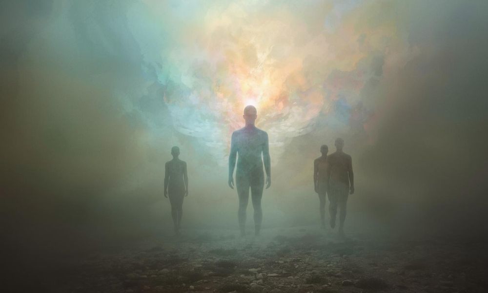 A surreal, dreamlike landscape representing a "wakeup call to mankind," with ethereal figures emerging from a foggy, opalescent void, symbolising the transition from a dream state to awareness