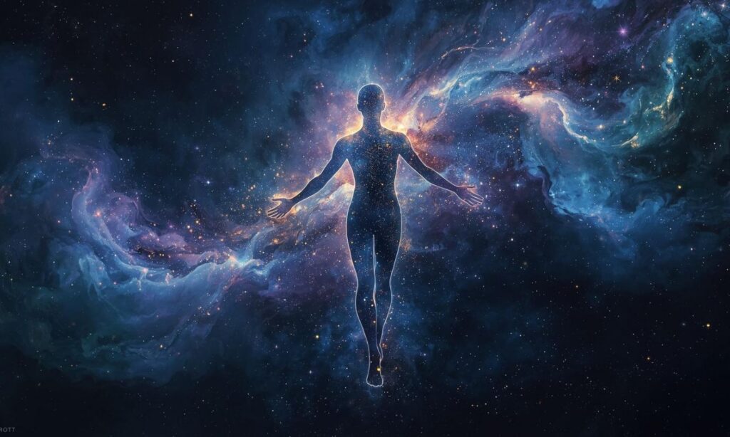 Silhouette of human figure made of starlight. Stars, nebulas, cosmic.