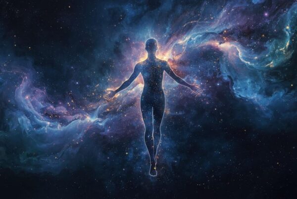 Silhouette of human figure made of starlight. Stars, nebulas, cosmic.