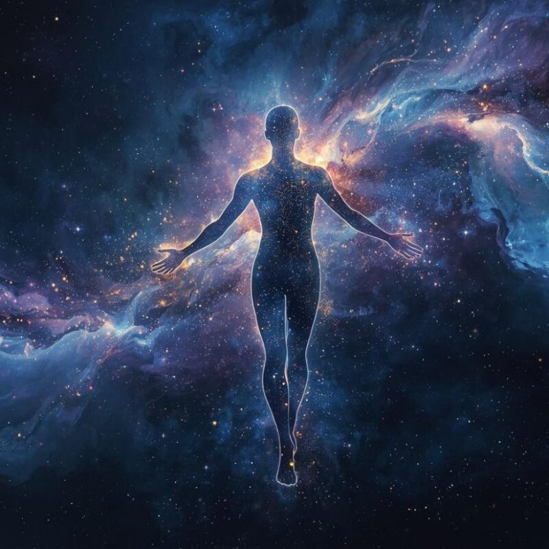 Silhouette of human figure made of starlight. Stars, nebulas, cosmic.