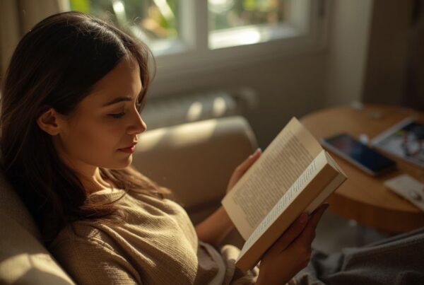 Woman sitting serenely in sunlit lounge, contentedly reading a book. Her phone is on the side table out of arms reach, depicting her decision to have a break from technology.