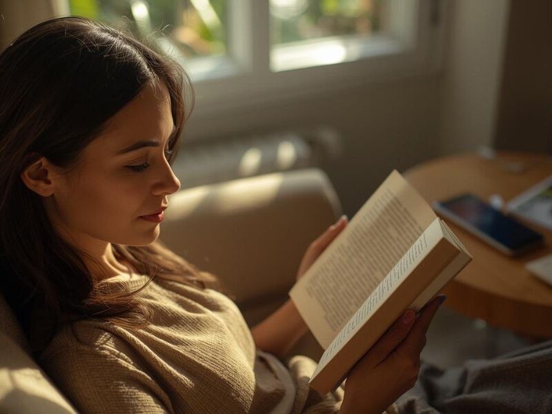 Woman sitting serenely in sunlit lounge, contentedly reading a book. Her phone is on the side table out of arms reach, depicting her decision to have a break from technology.