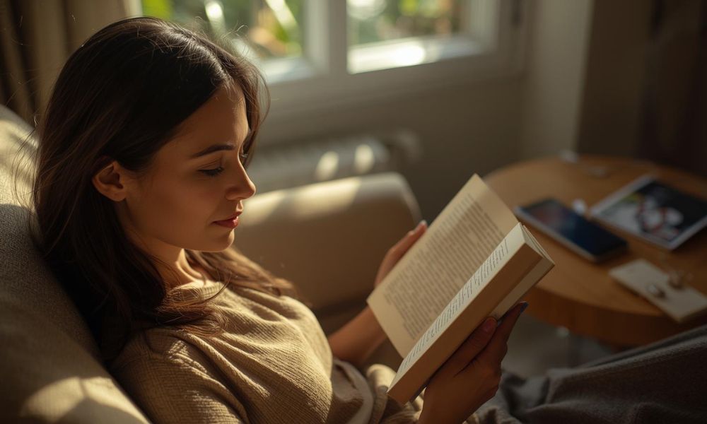 Woman sitting serenely in sunlit lounge, contentedly reading a book. Her phone is on the side table out of arms reach, depicting her decision to have a break from technology.