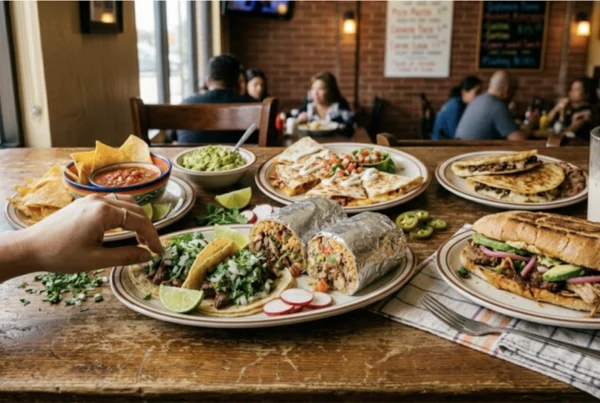 A colorful Mexican food spread in California, featuring tacos, burritos, quesadillas, mulitas, and chips with fresh salsa, garnished with lime and cilantro.