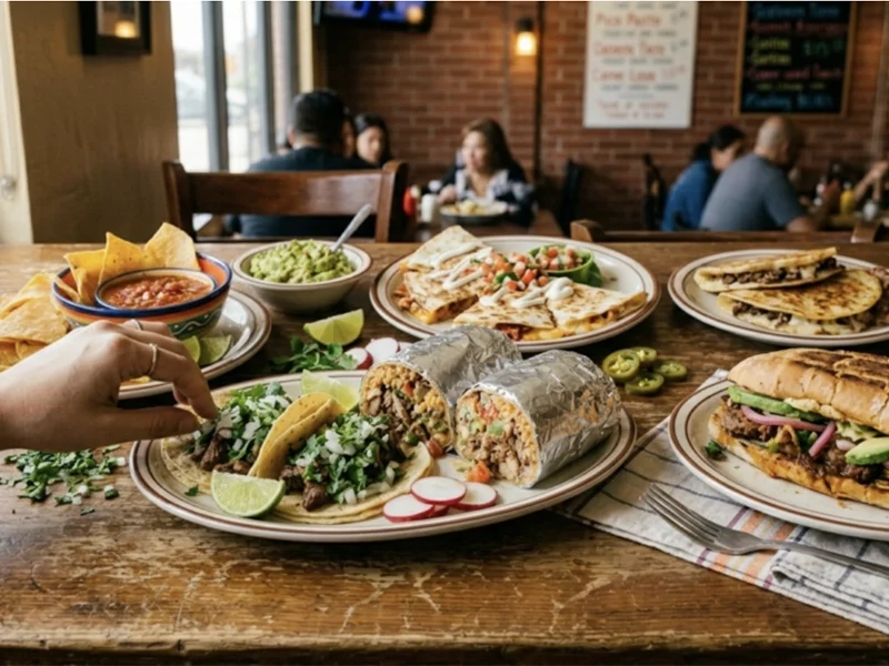 A colorful Mexican food spread in California, featuring tacos, burritos, quesadillas, mulitas, and chips with fresh salsa, garnished with lime and cilantro.