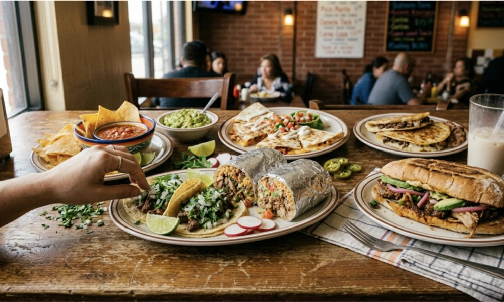A colorful Mexican food spread in California, featuring tacos, burritos, quesadillas, mulitas, and chips with fresh salsa, garnished with lime and cilantro.