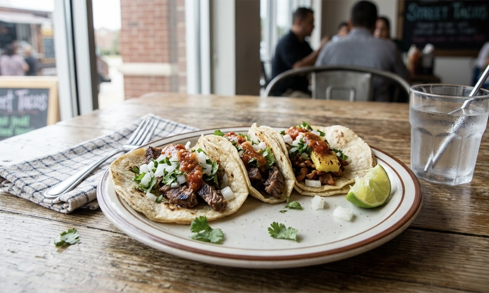Fresh street tacos served on corn tortillas with grilled meats, onions, cilantro, and salsa in a casual restaurant setting.
