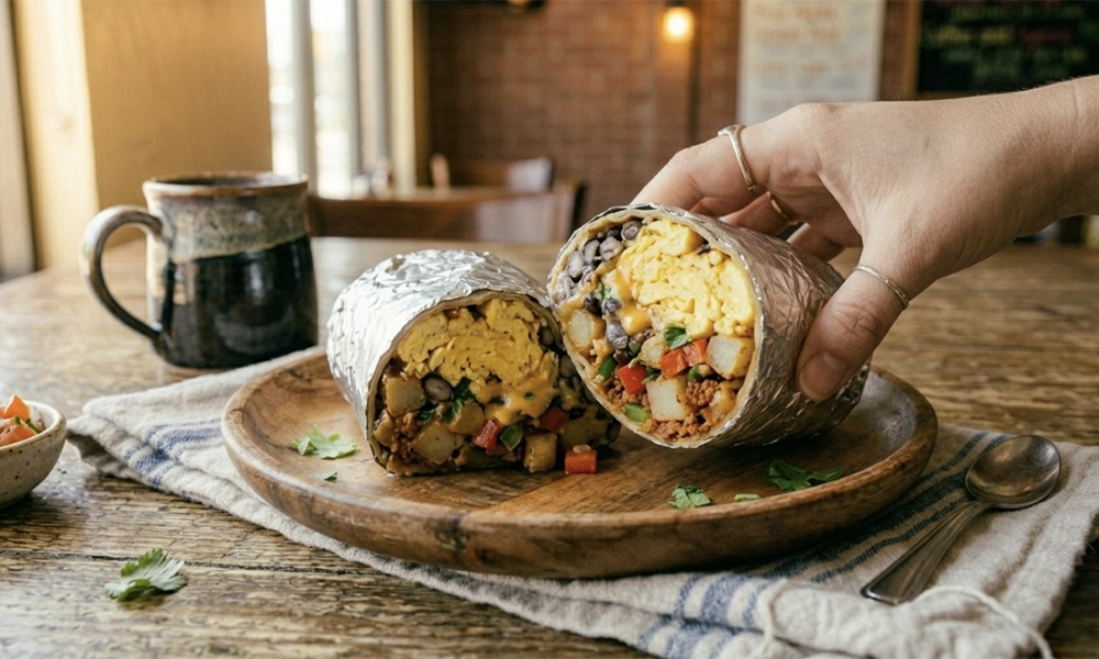 A breakfast burrito cut in half, showing eggs, beans, cheese, and vegetables, served on a wooden plate in a cafe