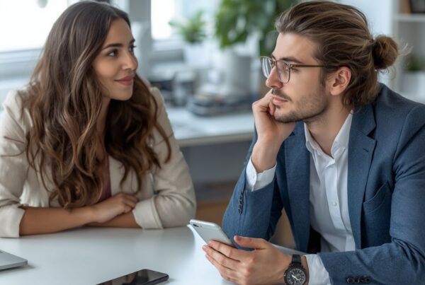 Young woman and young man sitting at table. Young woman giving full attention to the young man, who seems somewhat thoughtful.