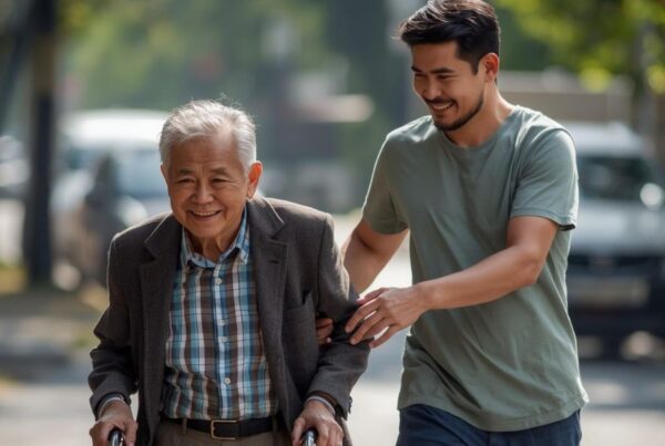 Young man assists an elderly man with walking frame