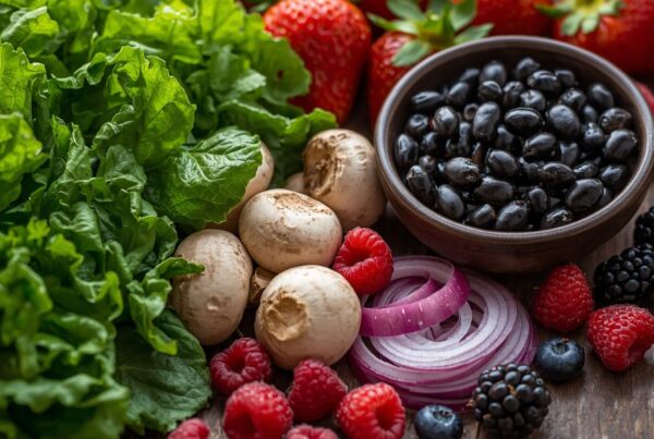 abundant selection of fresh leafy vegetables, mushrooms, onions, summer berries