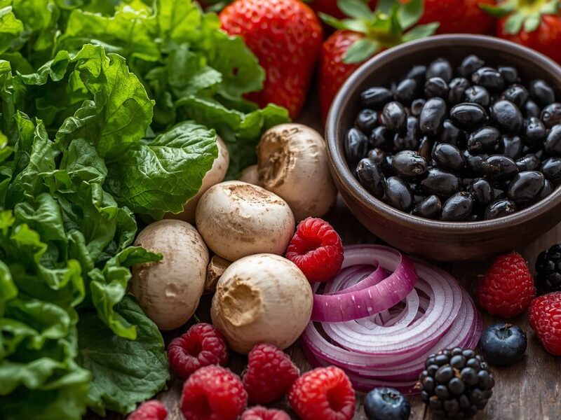 abundant selection of fresh leafy vegetables, mushrooms, onions, summer berries