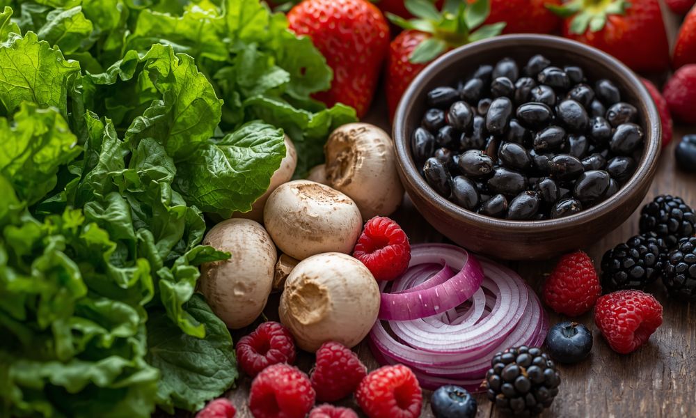 abundant selection of fresh leafy vegetables, mushrooms, onions, summer berries