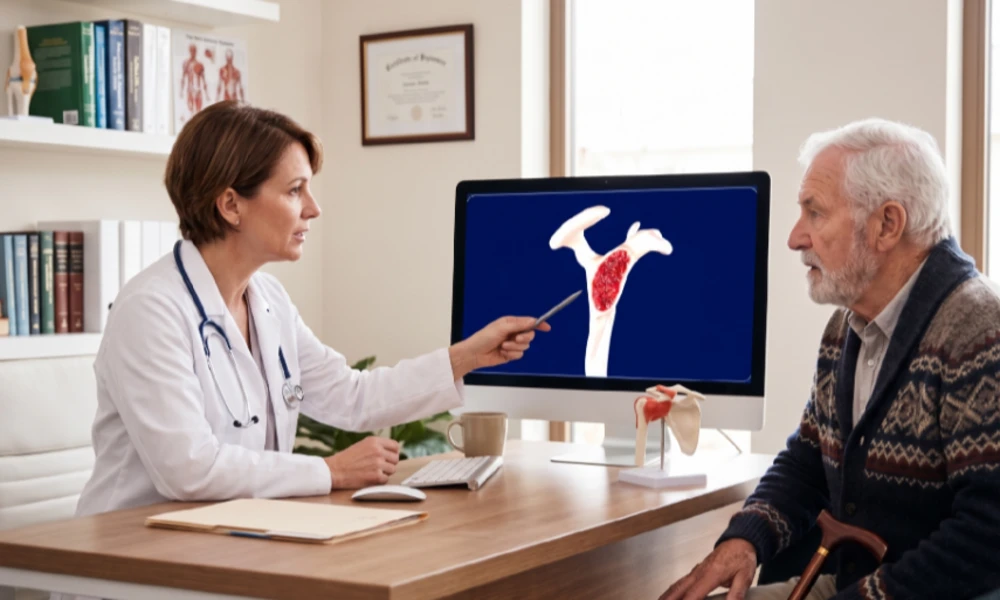A female doctor in a clinic uses a desktop computer displaying a 3D medical animation of an inflamed shoulder joint to explain the mechanism of arthritis and bone-on-bone pain to an older male patient.