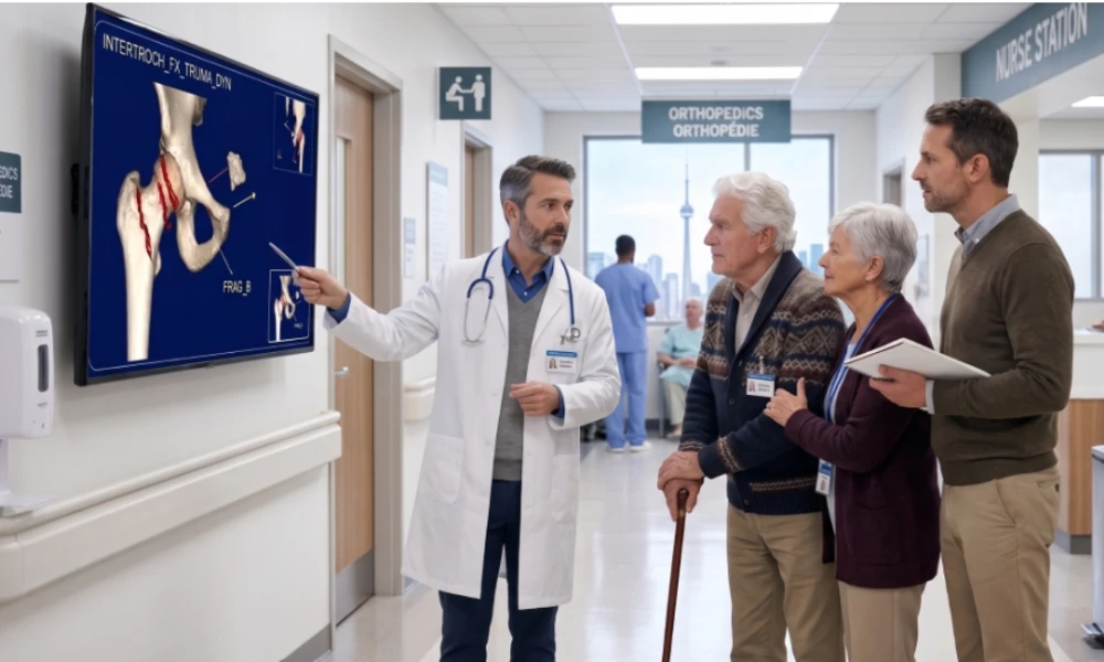 A male orthopedic doctor in a hospital corridor uses a large screen showing a 3D animation of a degenerated hip joint to explain the biomechanics of pain and treatment options to a senior man, a senior woman, and their adult son.