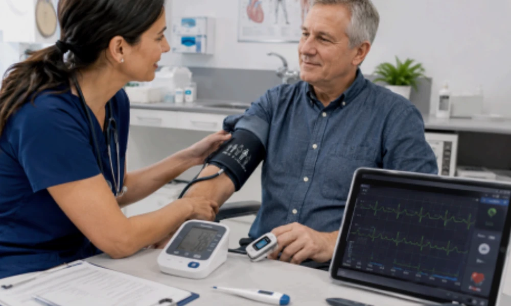 Doctor using patient monitoring devices during a GP clinic consultation