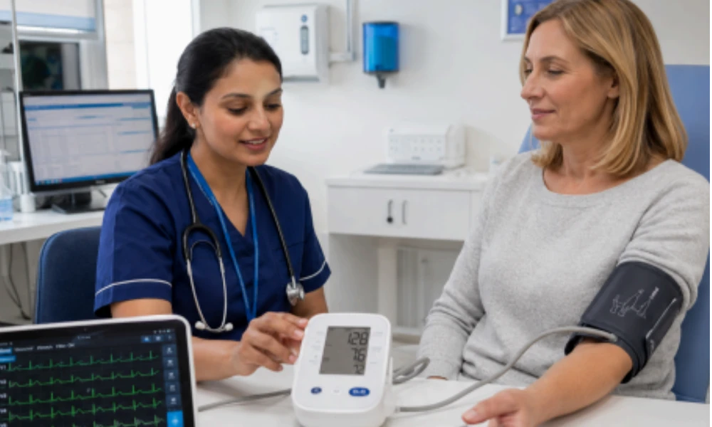 Blood pressure monitor and pulse oximeter in use during patient check-up