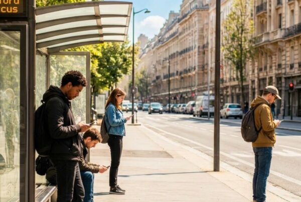 People at a bus stop, waiting for bus, not interacting with each other, though more engaged with looking at their mobile phones. Sunny day.