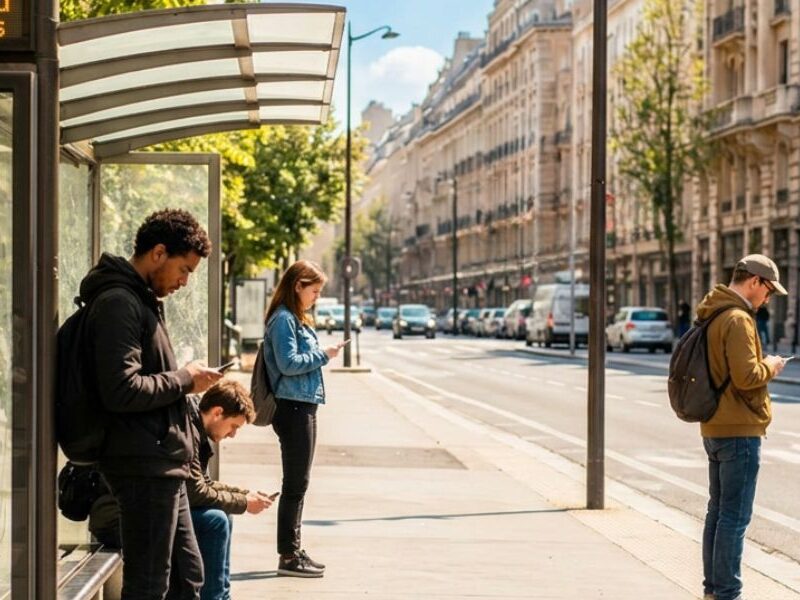 People at a bus stop, waiting for bus, not interacting with each other, though more engaged with looking at their mobile phones. Sunny day.
