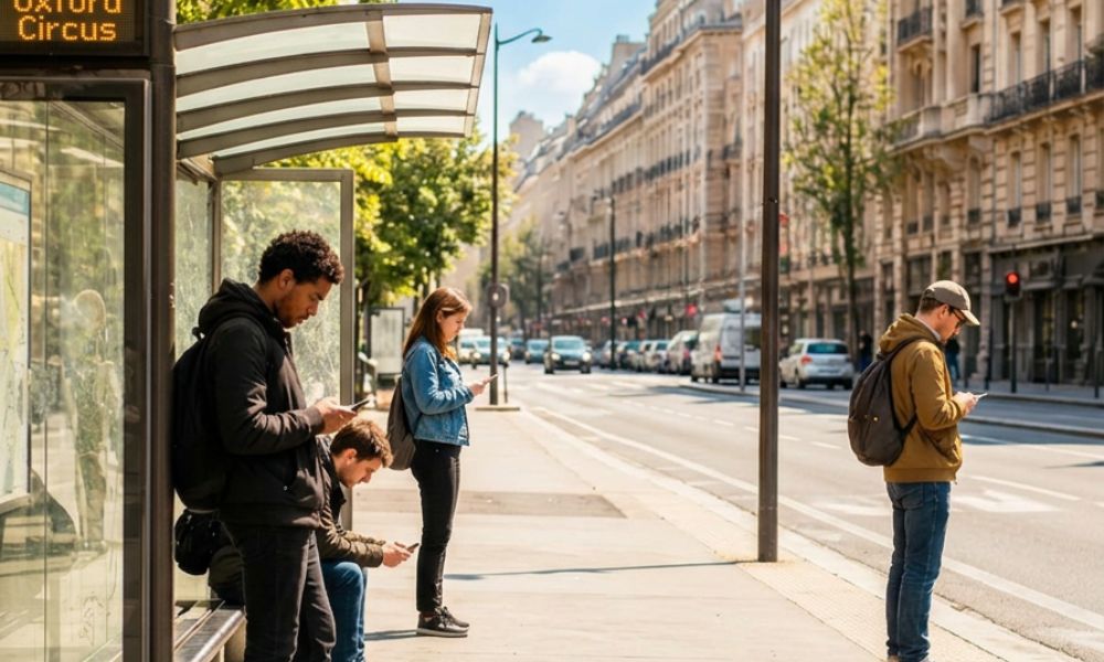 People at a bus stop, waiting for bus, not interacting with each other, though more engaged with looking at their mobile phones. Sunny day.