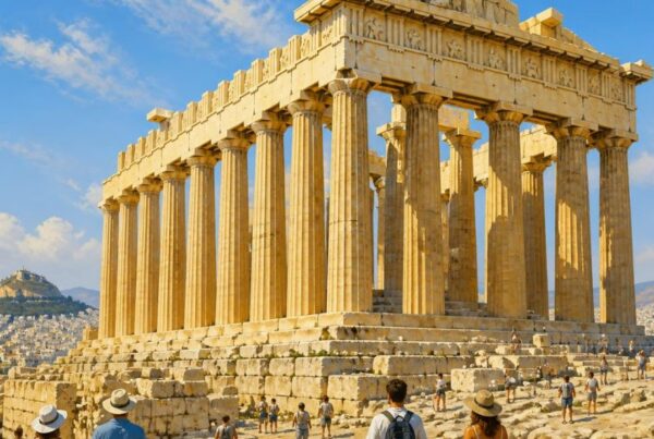 Image of the Parthenon in Athens, with modern day people walking by to view