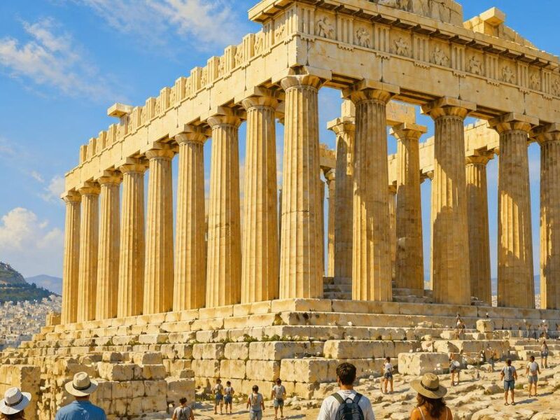 Image of the Parthenon in Athens, with modern day people walking by to view