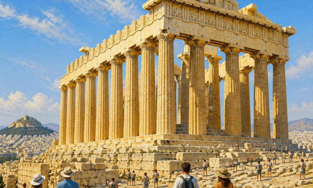 Image of the Parthenon in Athens, with modern day people walking by to view