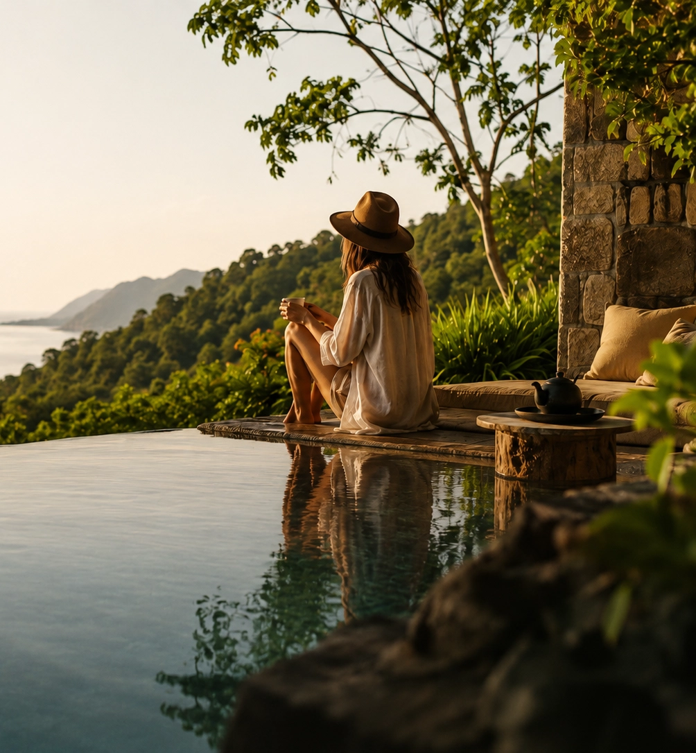 A guest in linen relaxing in a calm, light-filled hotel suite