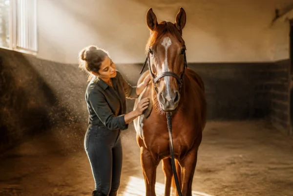 woman grooming a racehorse