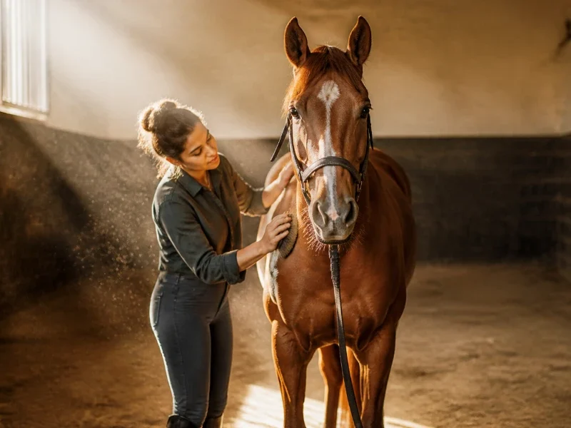 woman grooming a racehorse