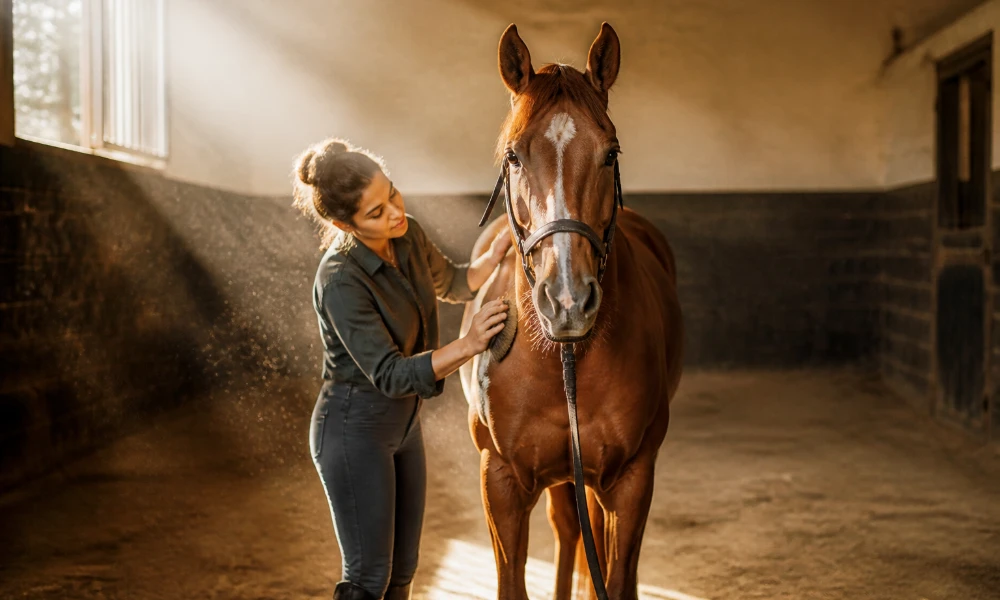 woman grooming a racehorse