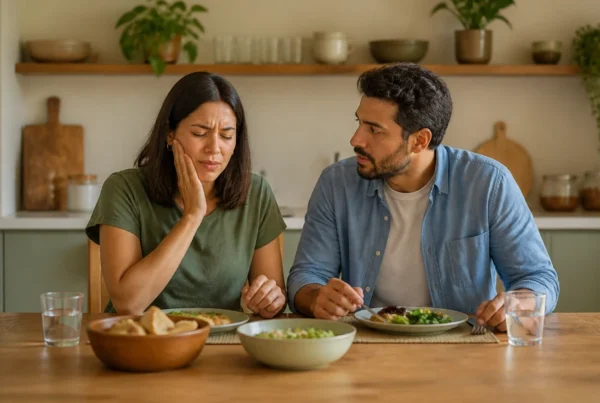 woman has toothache while eating her lunch