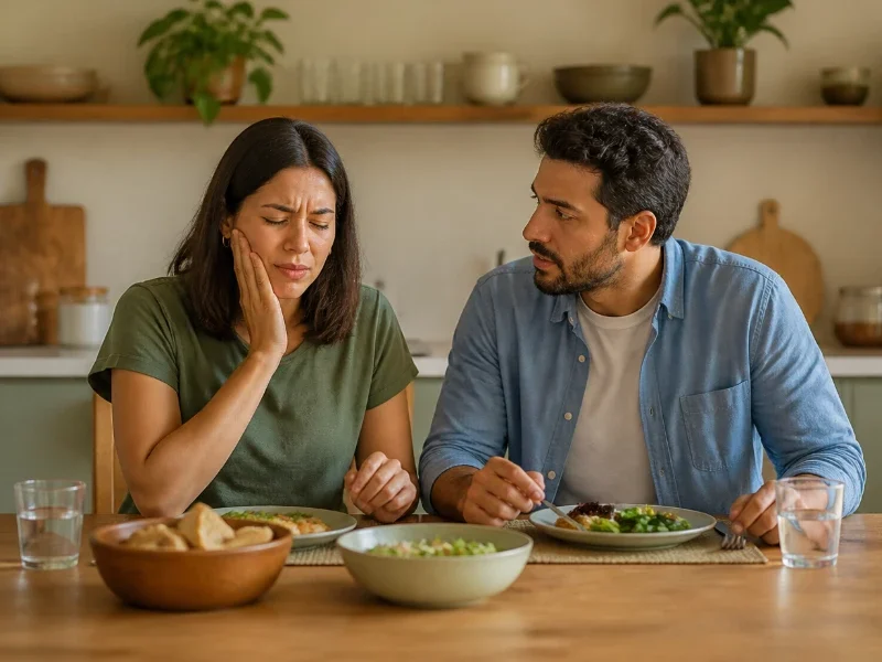 woman has toothache while eating her lunch