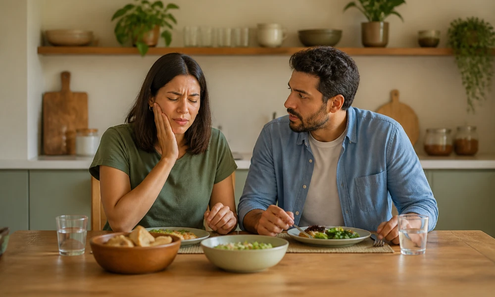 woman has toothache while eating her lunch