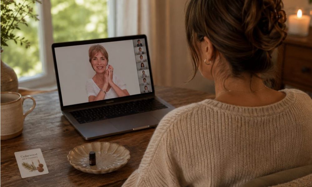 Woman watching video of therapist demonstrating acupoints with essential oils