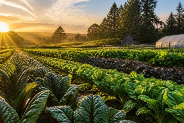 Sunrise over farm fields of healthy vegetables
