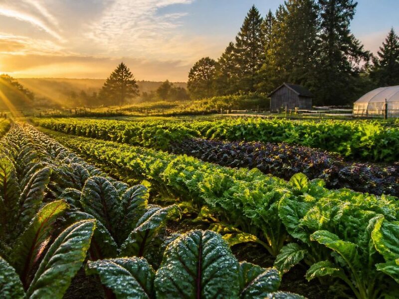 Sunrise over farm fields of healthy vegetables
