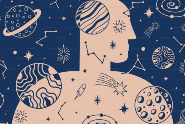 Illustration of a person surrounded by planets, stars, and zodiac constellations