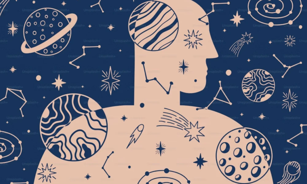 Illustration of a person surrounded by planets, stars, and zodiac constellations