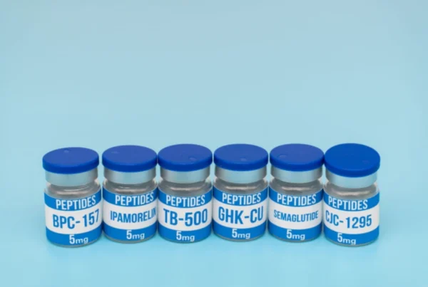 Six research peptide vials with labels on a clean laboratory background.