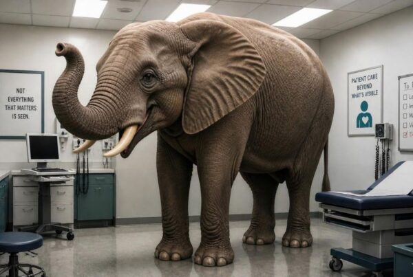image of adult male elephant standing in the midst of a healthcare room