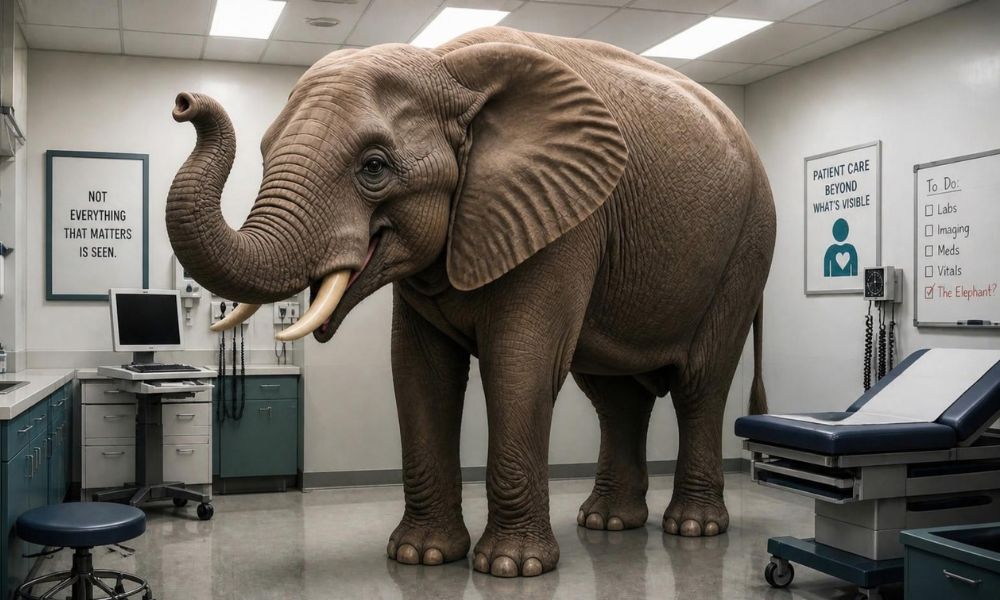 image of adult male elephant standing in the midst of a healthcare room