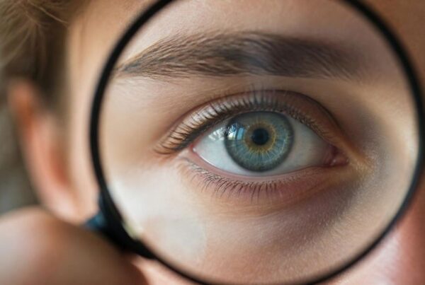 Image of a woman's blue green eye looking through a magnifying glass